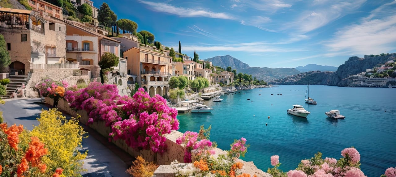 Vibrant bougainvillea cascading over a stone wall in a charming Provencal village on the Cote d'Azur
