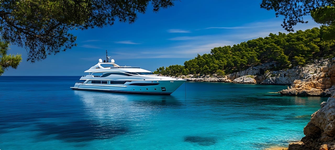 Crystal-clear emerald waters of Sardinia's Costa Smeralda with rocky shoreline and Mediterranean scrubland